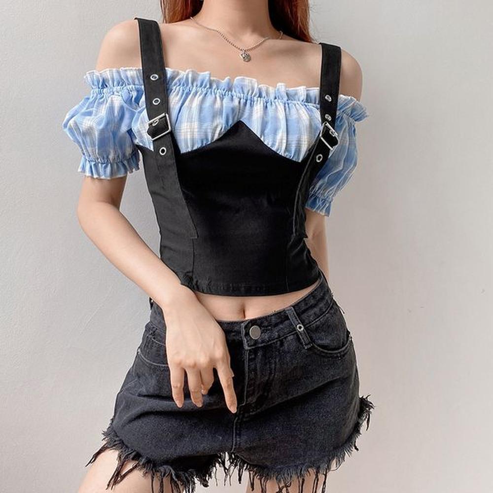 rapwriter adjustable strap summer t shirt patckwork plaid tops ruffles