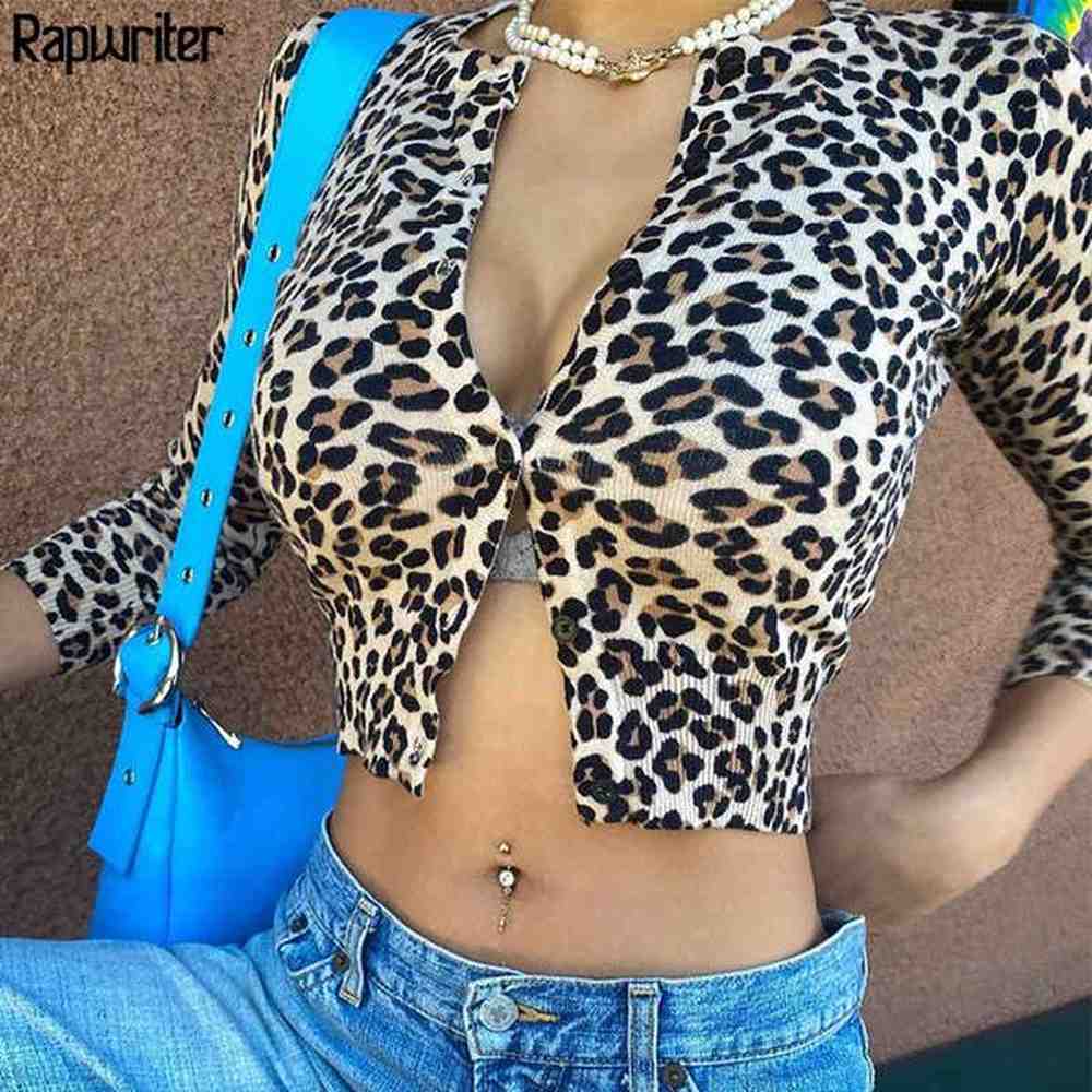 rapwriter vintage leopard print v neck long sleeve sexy t
