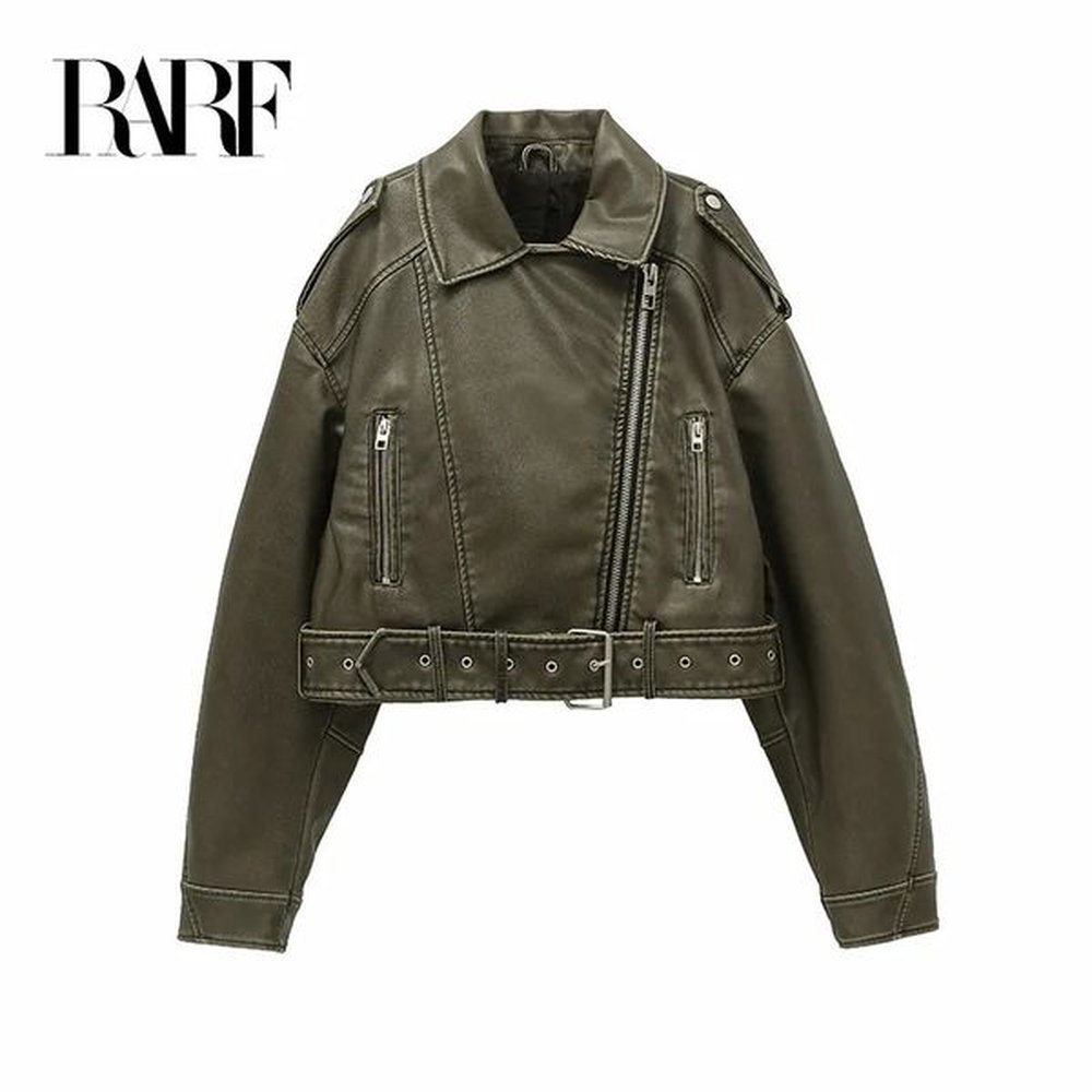 rarf style womens washed leather jacket with belt short