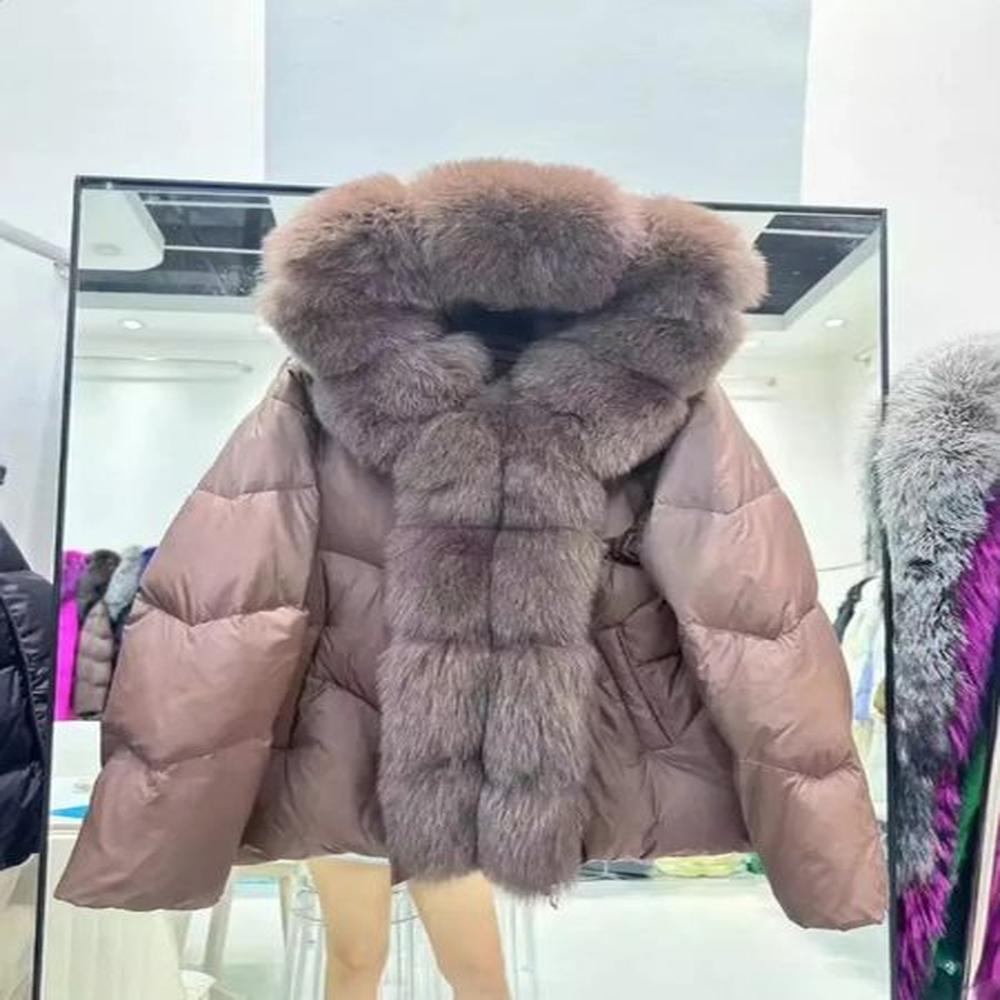 real fox fur coat white duck down jacket womens hooded