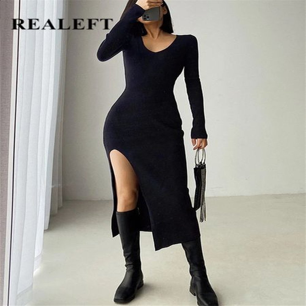 realeft autumn winter french sexy slit womens sweater dress female