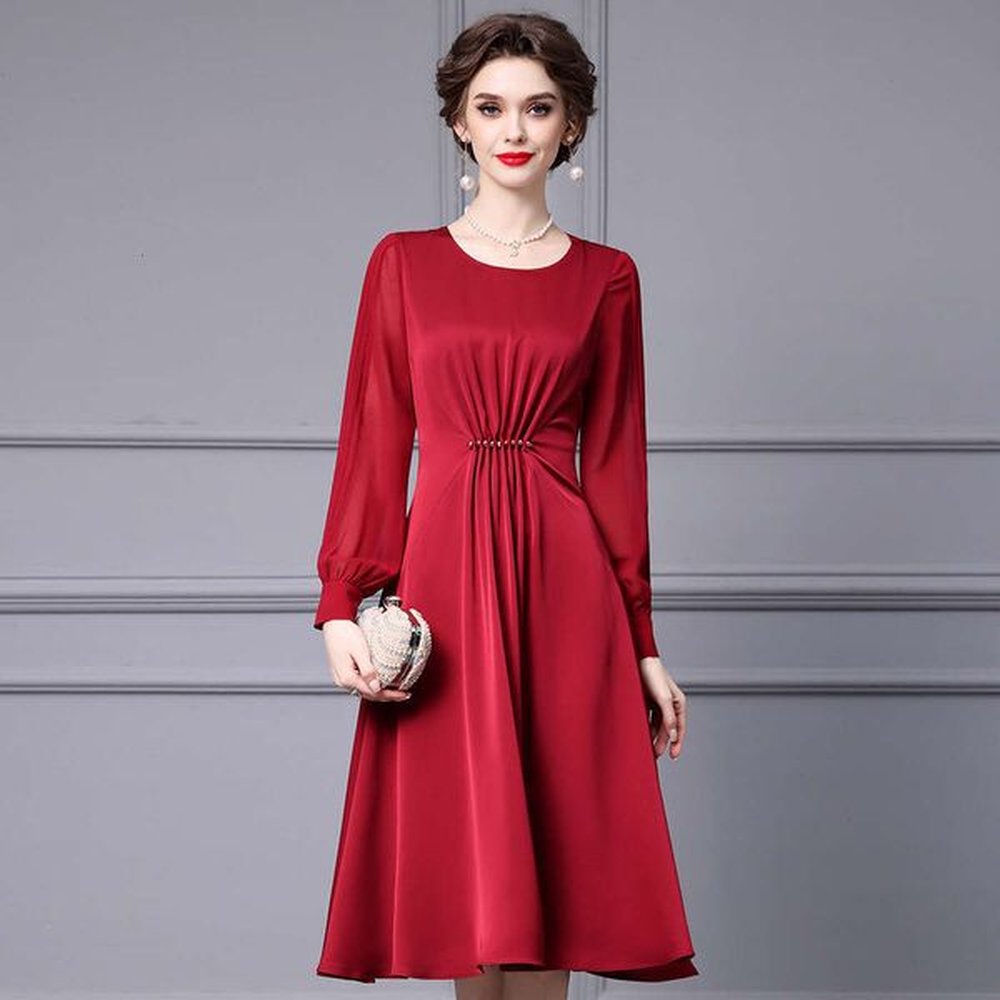 red acetic acid dress light mature temperament drawn fold waist
