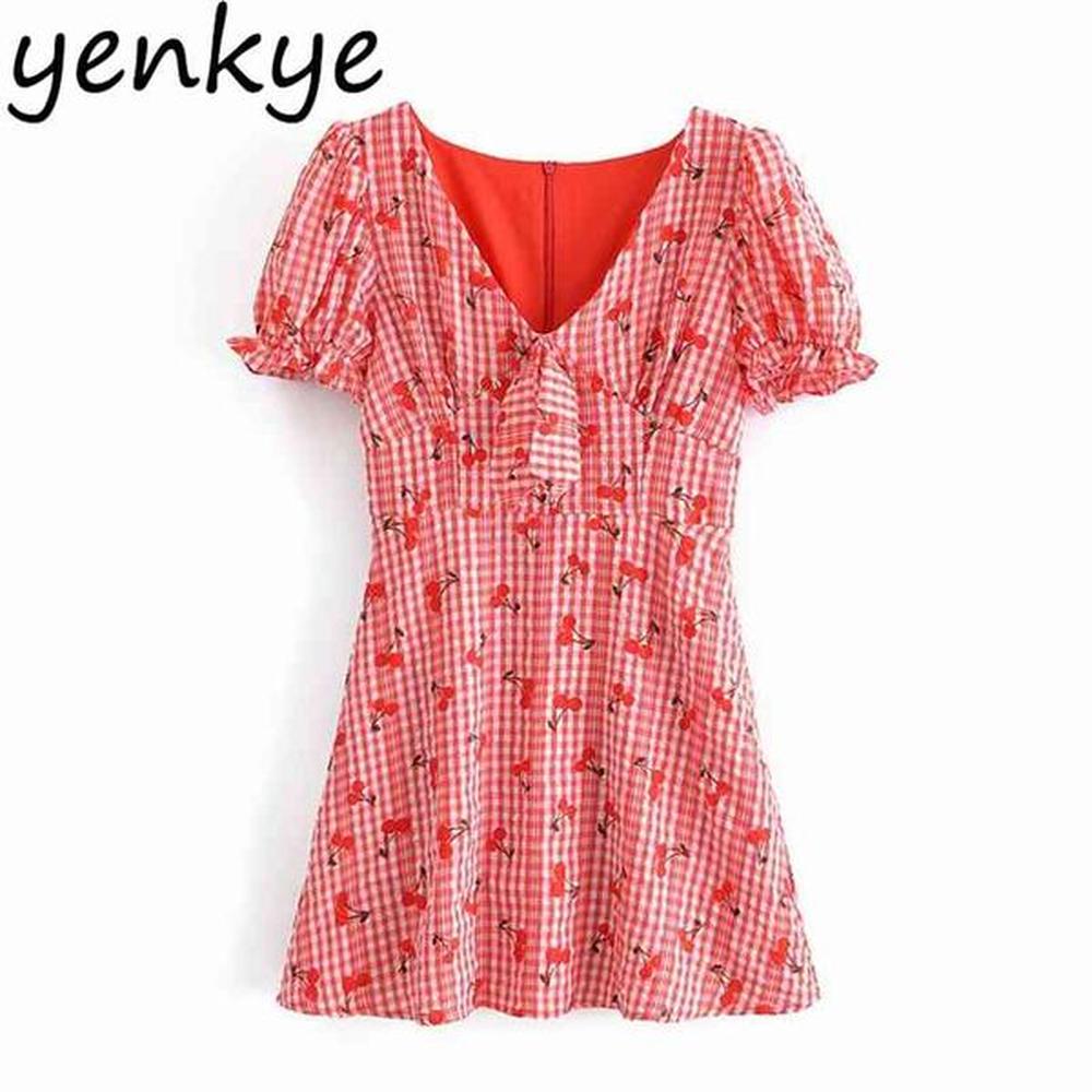 red cherry plaid dress women bow tie v neck short