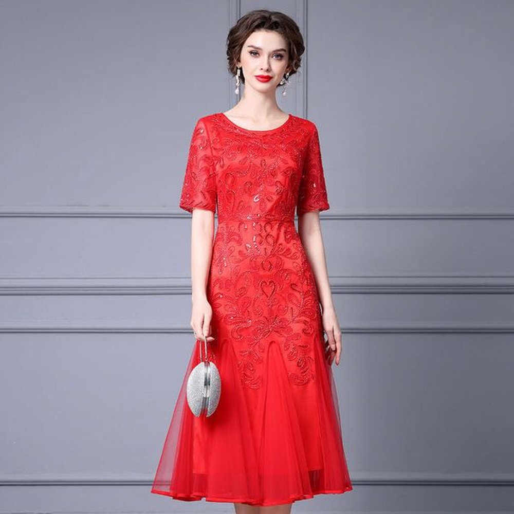 red heavy industry embroidery summer splicing mesh pear shaped body
