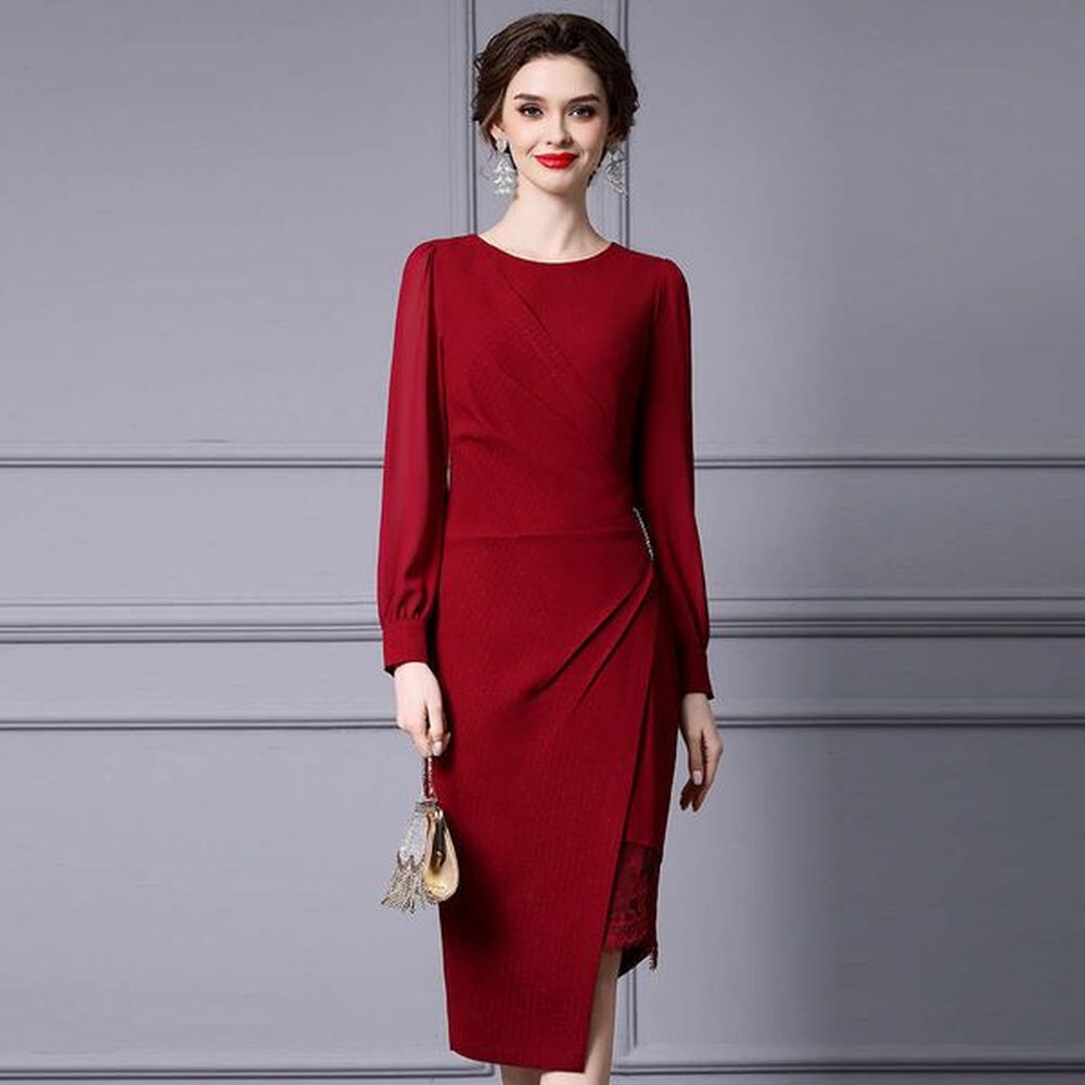 red irregular hip wrapping skirt high end light luxury nail