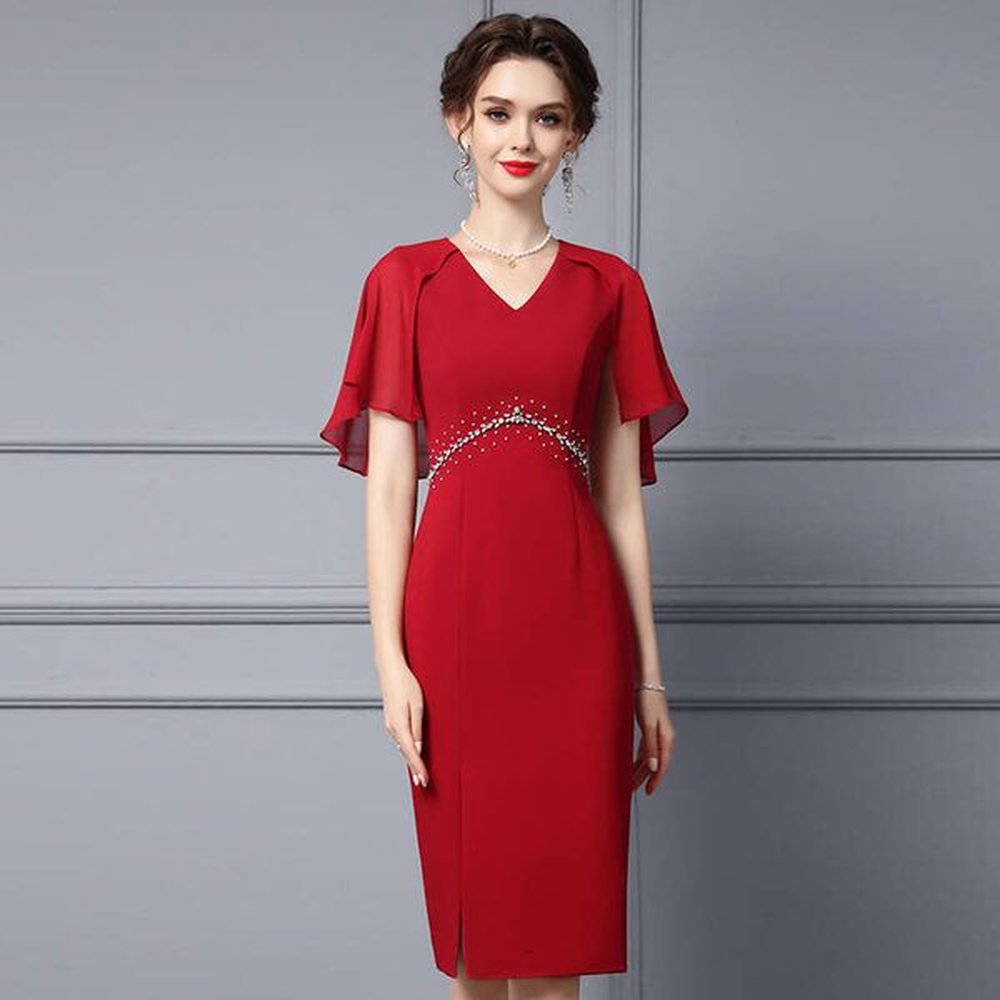 red new summer dress formal occasion vneck shawl sleeve