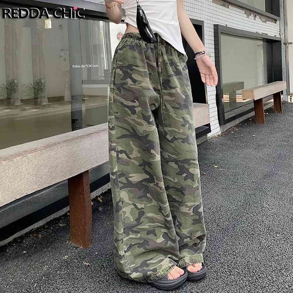 reddachic camouflage print women parachute pants drawstring elastic waist straight