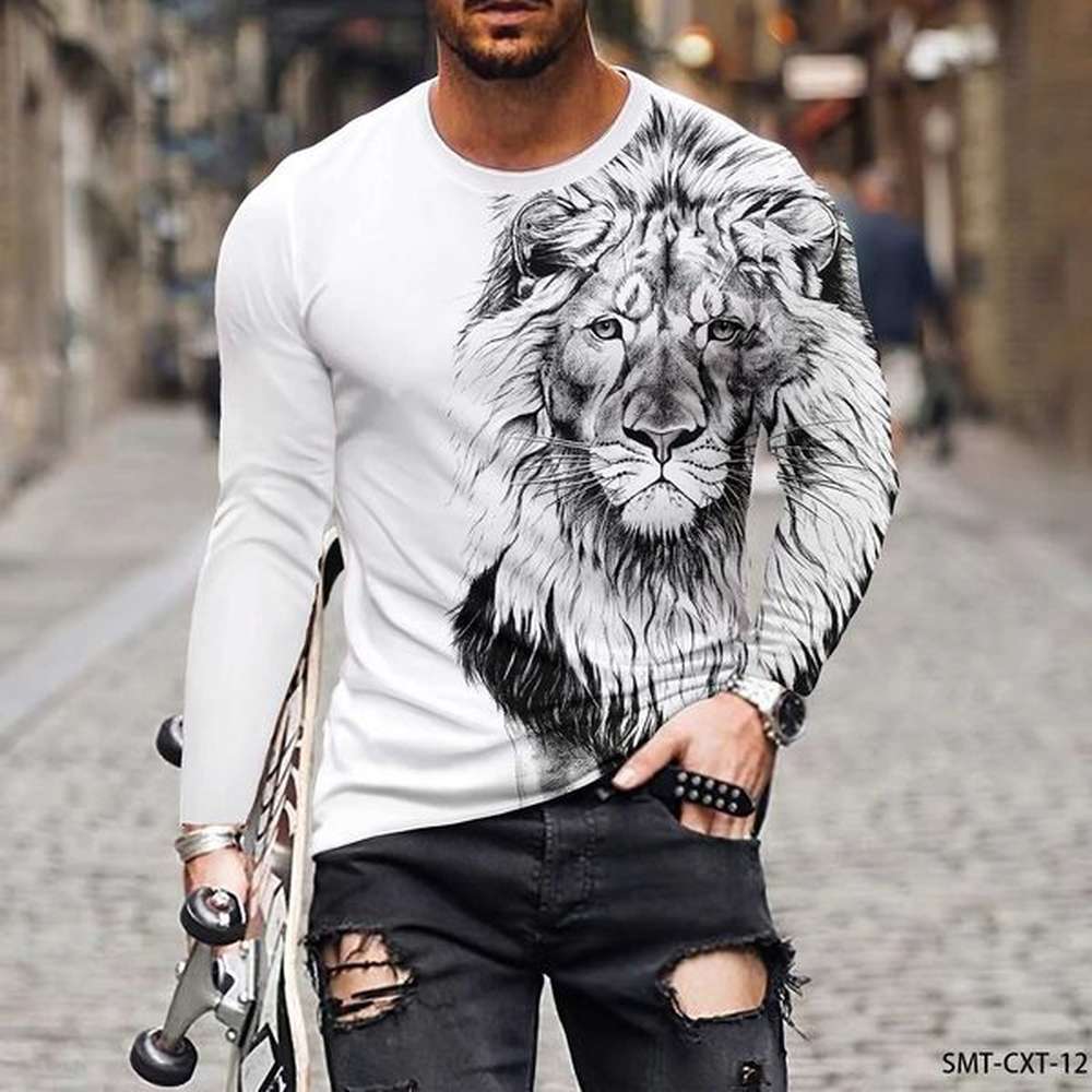 Retro animal lion 3D printed summer mens round neck T-shirt casual long sleeved oversized T-shirt fashionable zipper mens clothing M241223