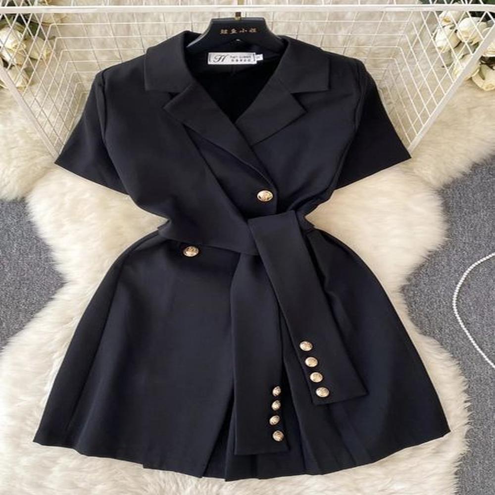 retro black blazer dress women lapel short sleeved dresses summer