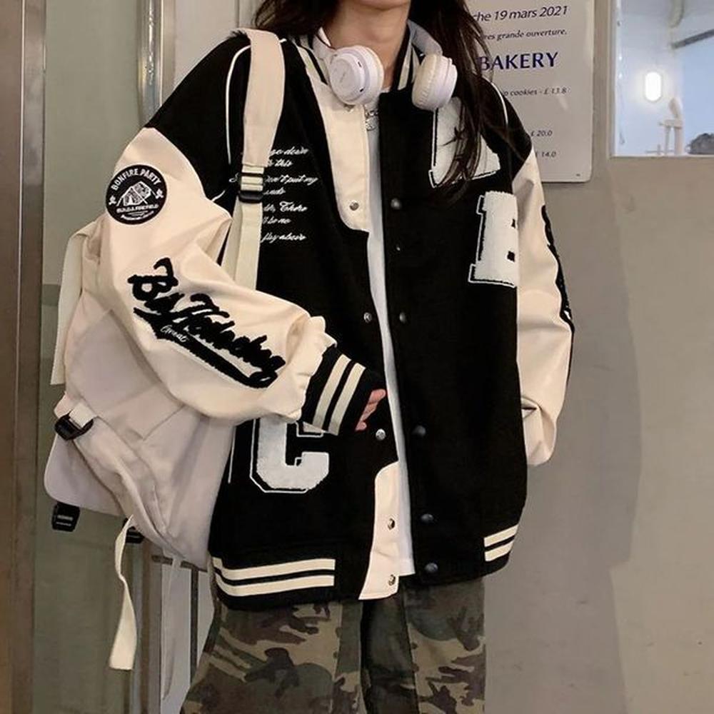 retro bomber jacket womens harajuku fashion college uniform university baseball