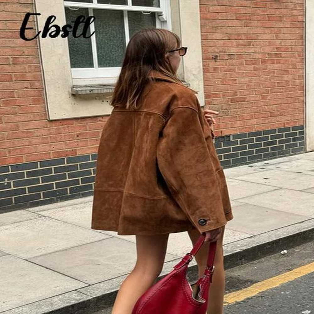 retro collar suede jacket womens loose single chest long sleeved