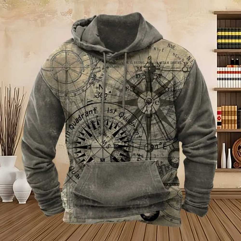 Retro Compass Graphic Mens Hoodie Long Sleeve Pullover Sweatshirt Top Full Print Retro Hoodie Street Mens Wear W250108