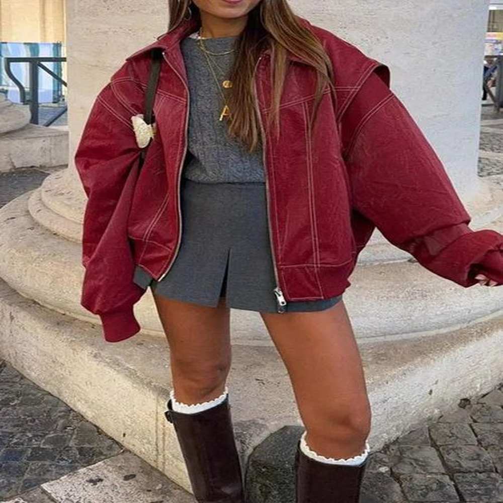 retro contrasting patchwork lapel long sleeved jacket for women loose