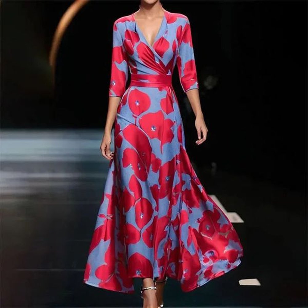 retro dress for women sexy spring vneck printed hem bohemian