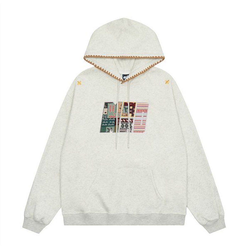 Retro ethnic style woven hooded sweatshirt men's trendy brand street patch embroidery loose casual pullover hoodie