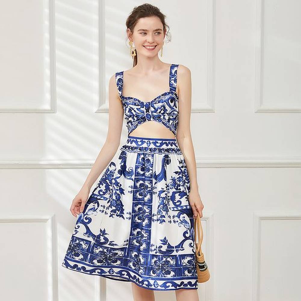 retro floral birthday dress outfit summer women designer two piece
