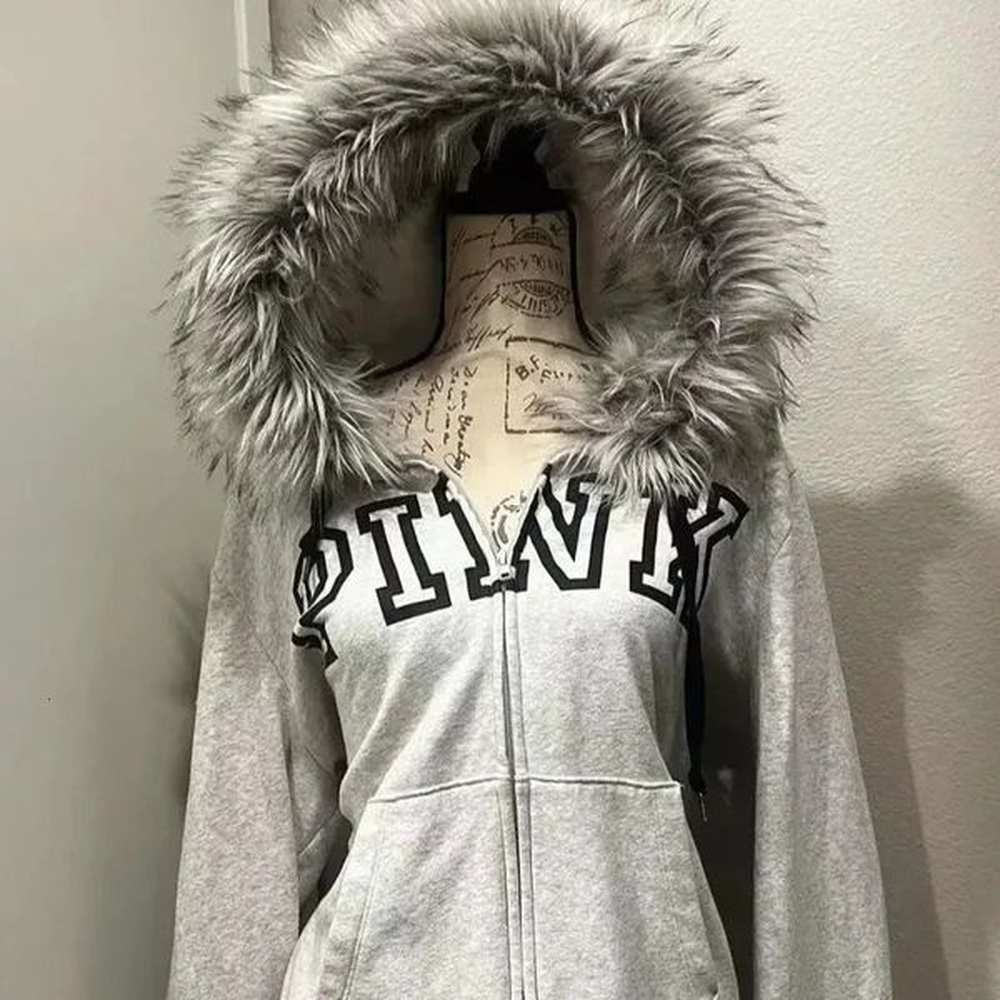 retro fur collar letter printed gray zipper hooded sweatshirt for