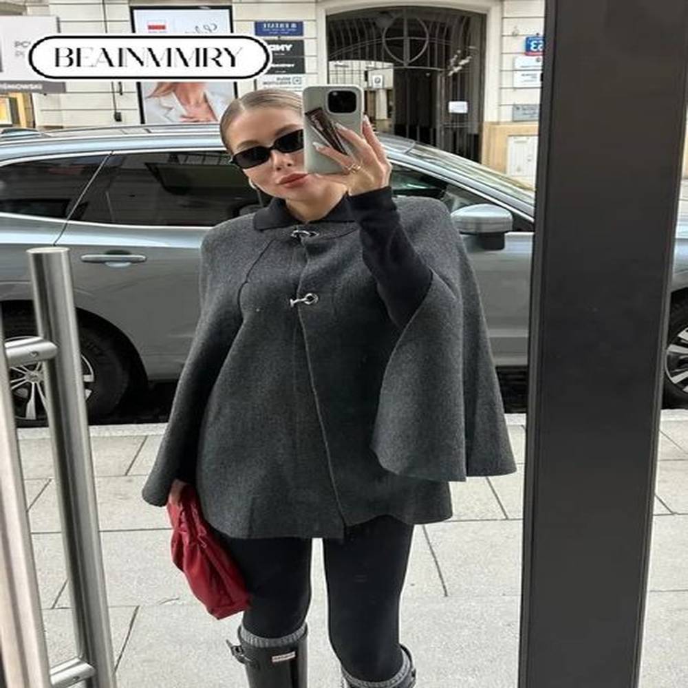 retro grey cape knitted open top jacket for womens fashion