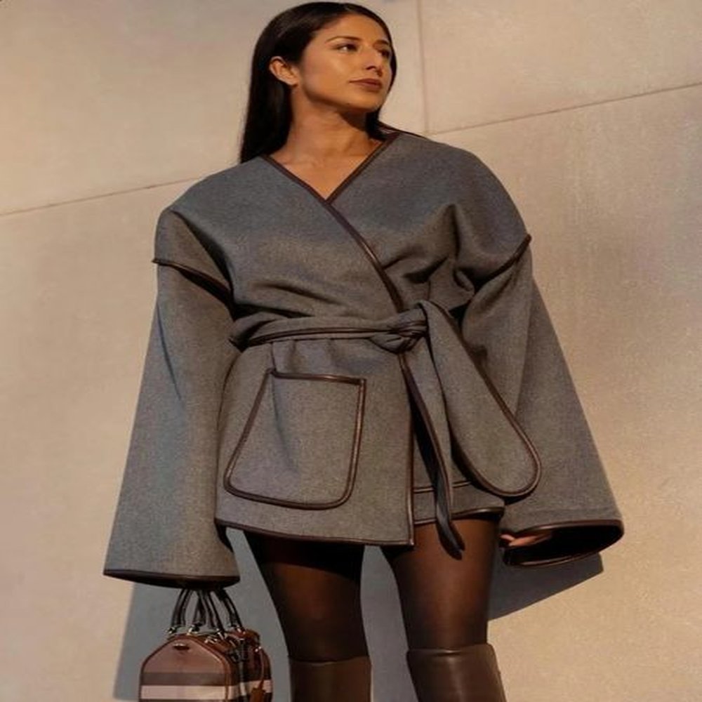retro grey womens jacket with casual loose vneck cardigan jacket
