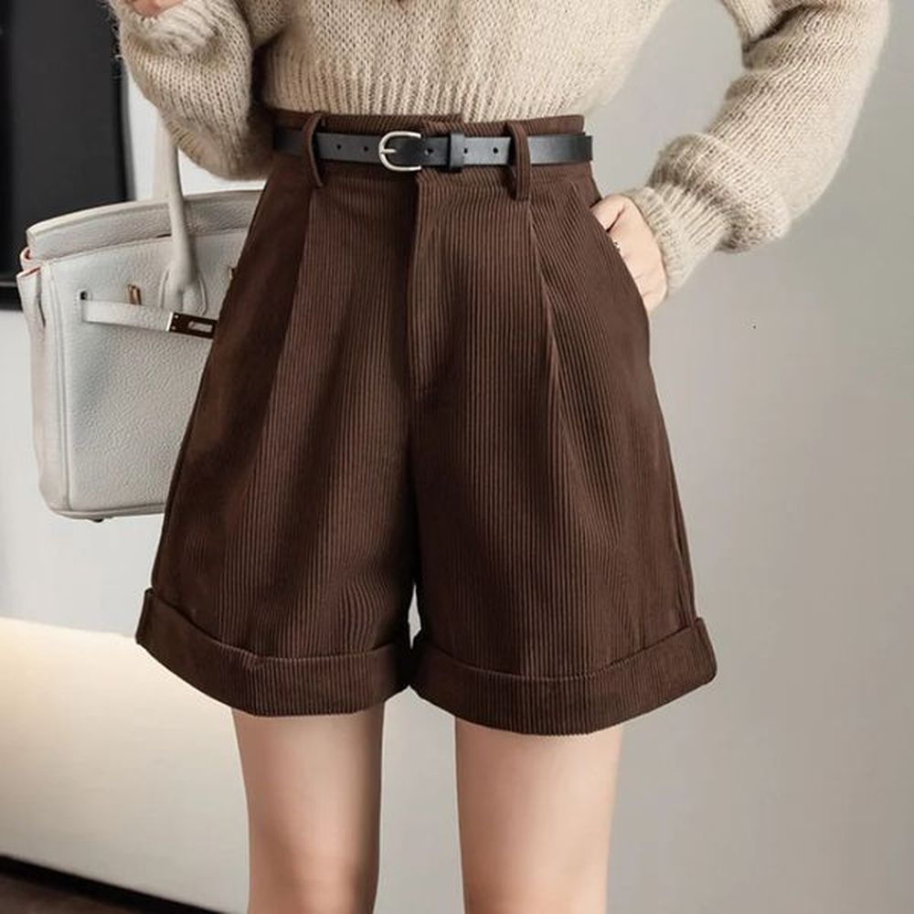 retro high waist wideleg women shorts autumn winter corduroy casual