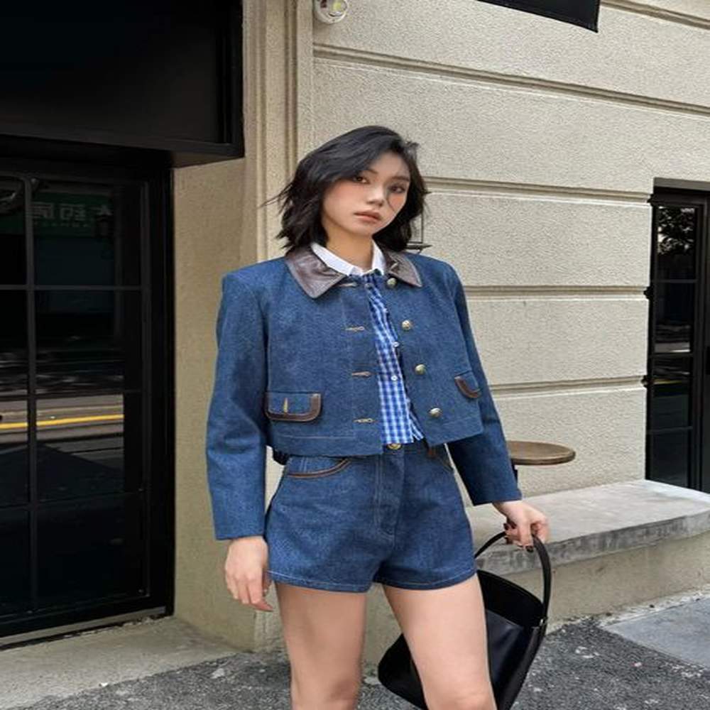 retro highquality denim womens jacket fashionable polo necklace pu leather