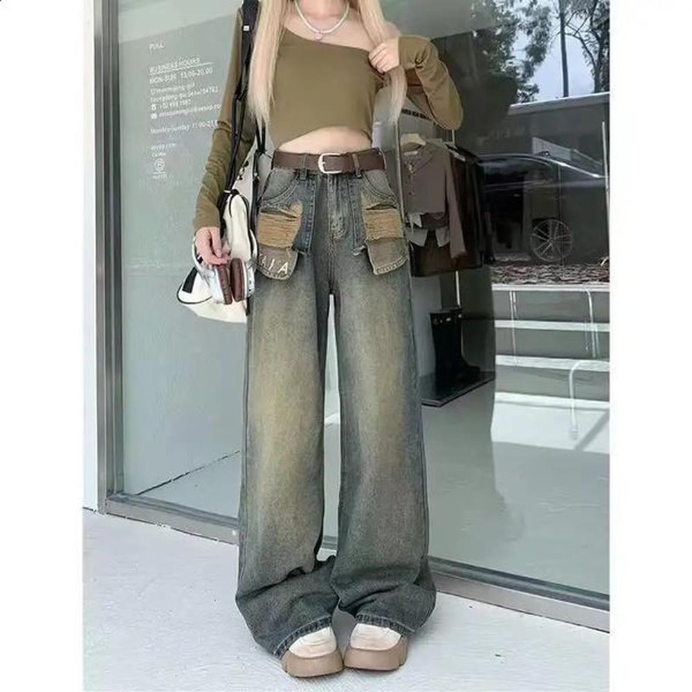 retro irregular distressed jeans for women with high waist wide