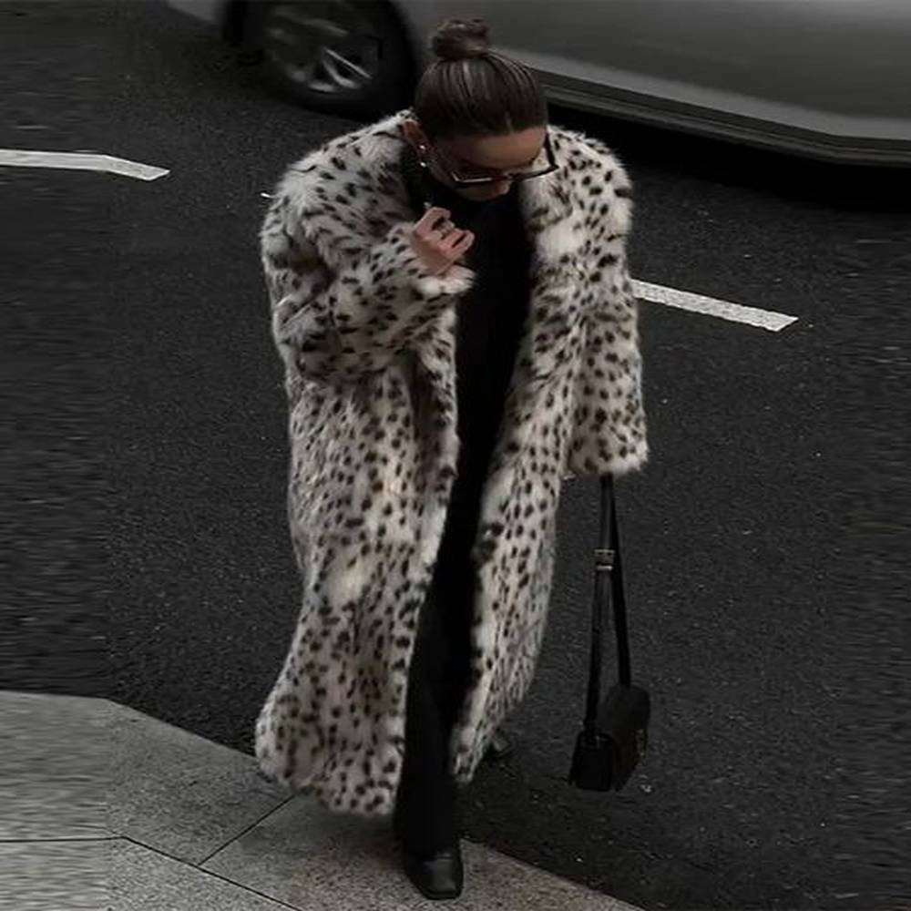 retro leopard faux fur long coat winter warm thicken open