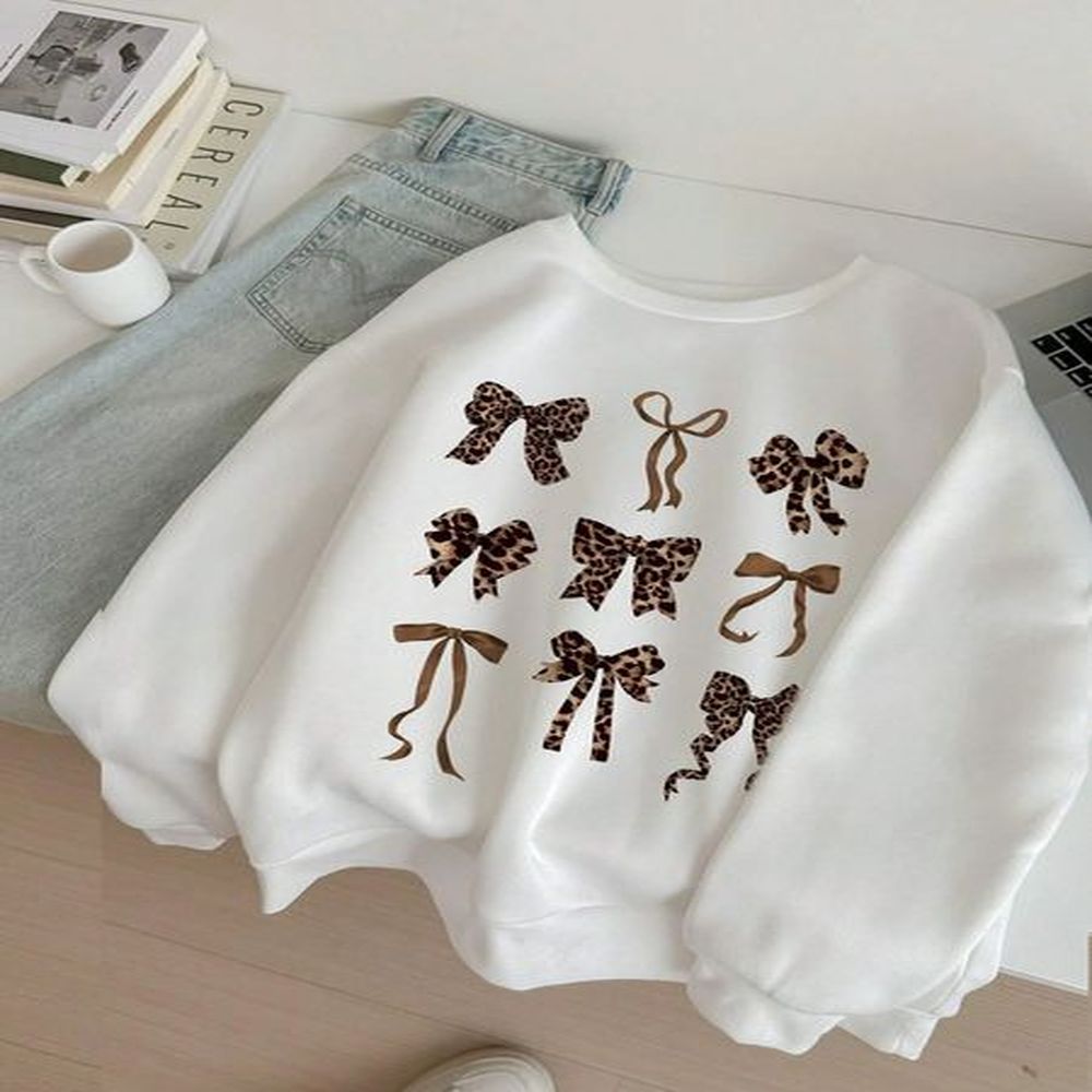 retro leopard print bow printed women hoodies allmatch comics hoody