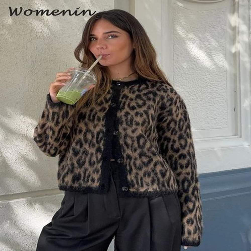 retro leopard print mohair womens cardigan wool sweater knitted oneck