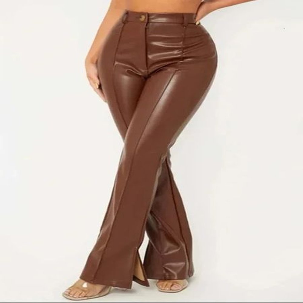 retro matte leather trousers high waisted brown elastic pu ultrathin