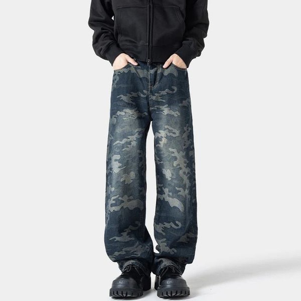 Retro mens fashion printed jeans Korean Trouser jeans wide leg loose denim pants hip-hop streetwear 241204