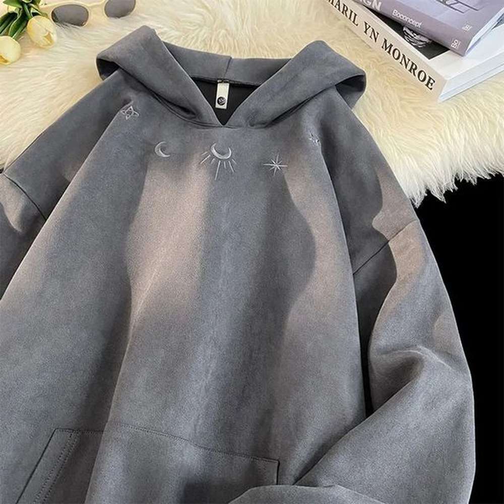 retro moon god embroidery sweatshirts for women drawstring hooded haruku