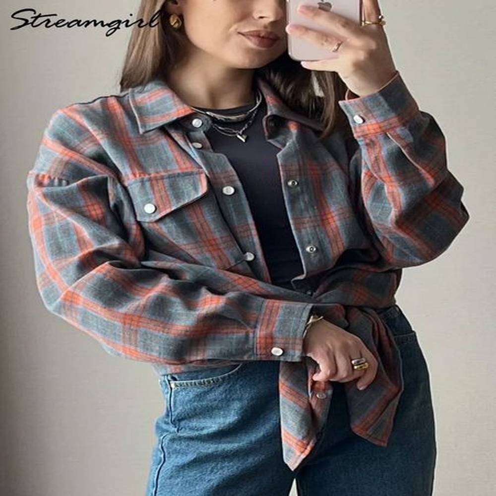 retro oversized plain weave womens long sleeved orange plain weave