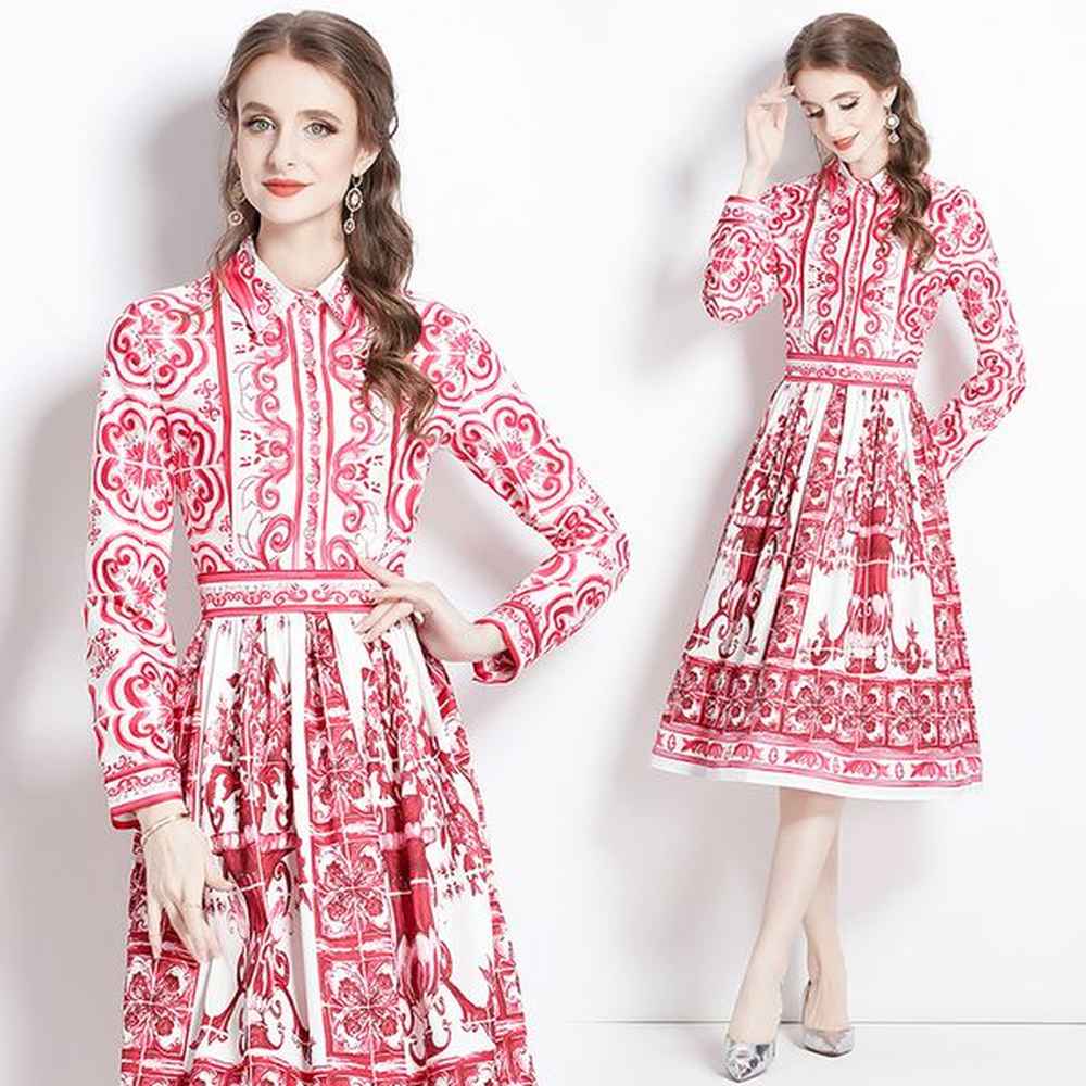 retro paisley floral designer midi dress women long sleeve lapel