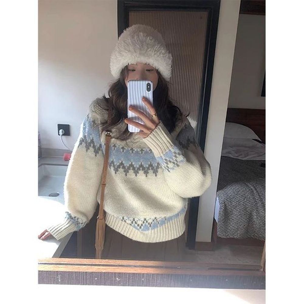 retro printed sweater japanese harajuku womens oversized knitted pullout winter