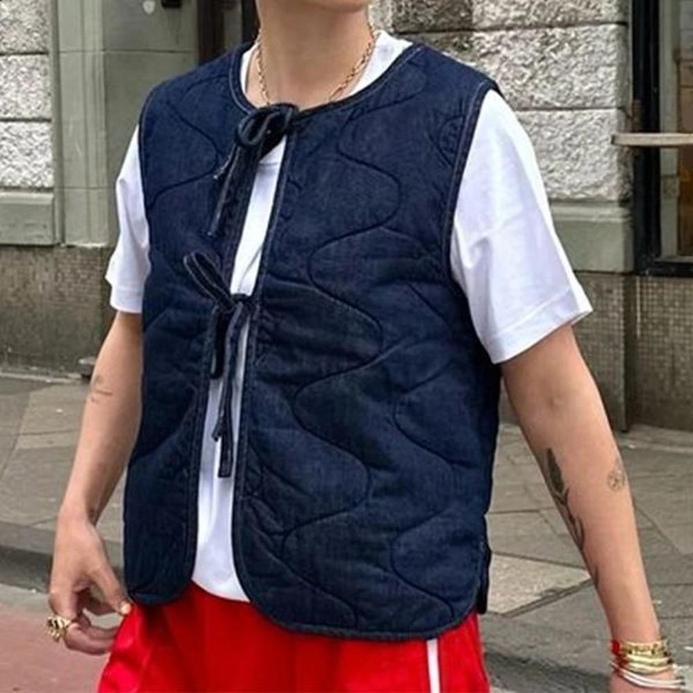 retro quilted vest plain vneck front strap sleeveless jacket autumnwinter