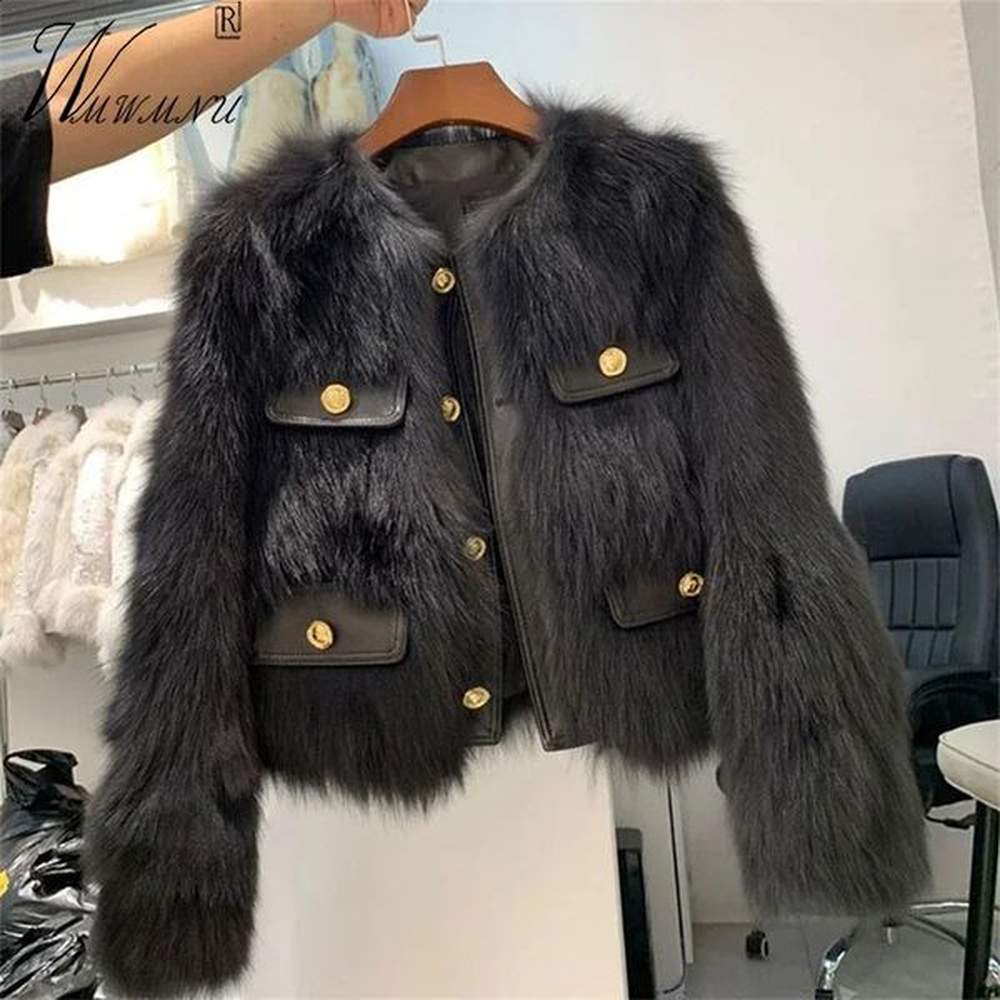 retro round neck faux fur coat short winter thick fox