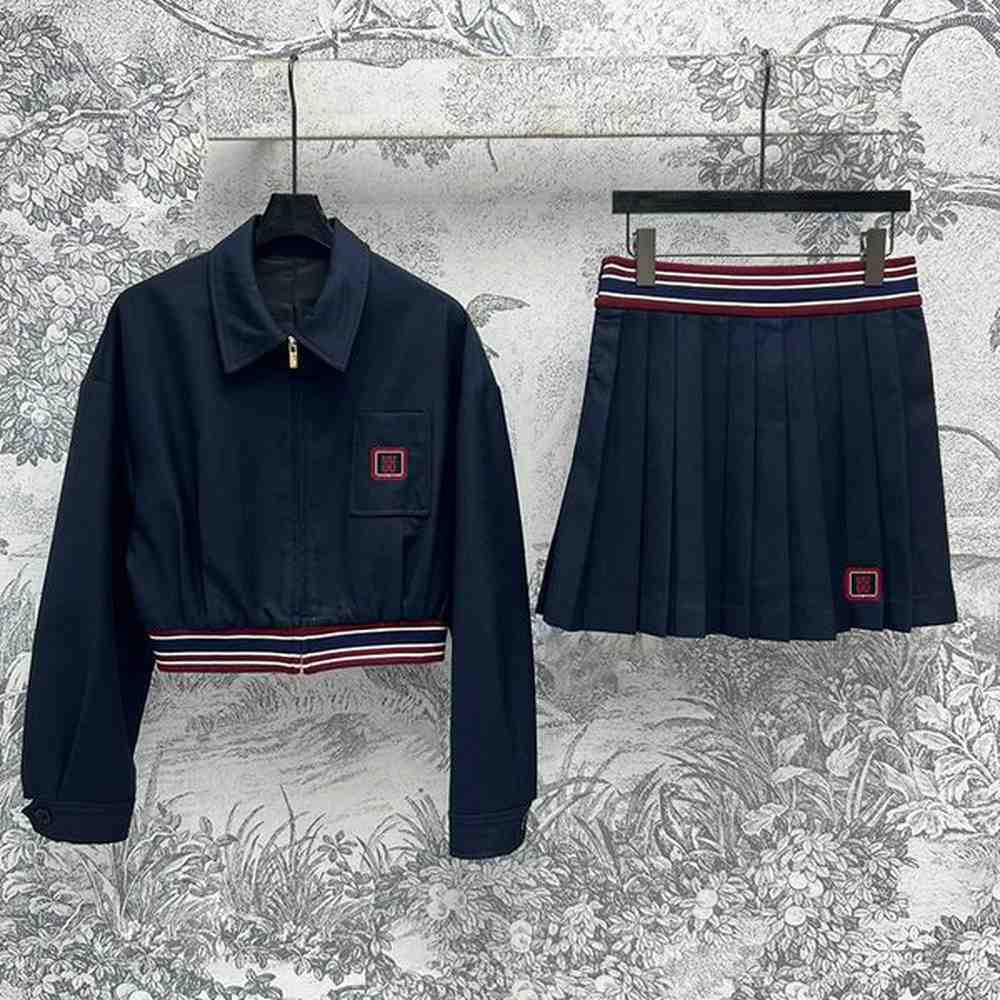 retro short coat short skirt lapel zipper jacket stripe elastic