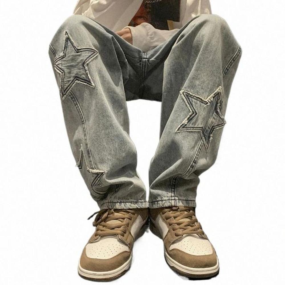 retro Style Jeans Mens Oversize Star Aesthetic Pattern Jeans Womens Vintage Korean Streetwear Denim Pants Straight Wide Leg r6Lg#