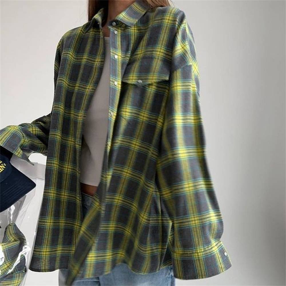 retro style versatile casual collar loose shirt autumn plaid cardigan