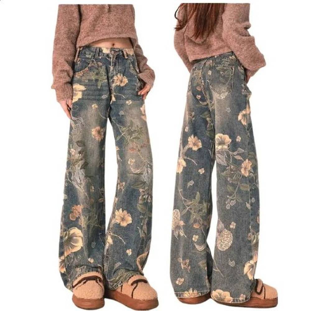 retro styles floral printed jeans for women straight leg loose