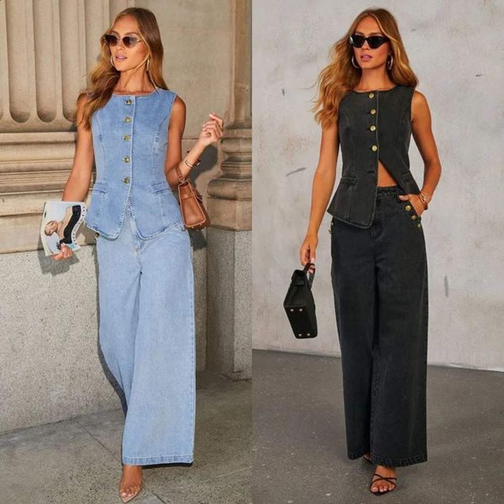 retro suit womens summer blue sleeveless denim vest high waisted