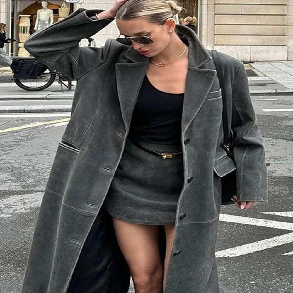 retro turndown collar leather long coats women casual solid single