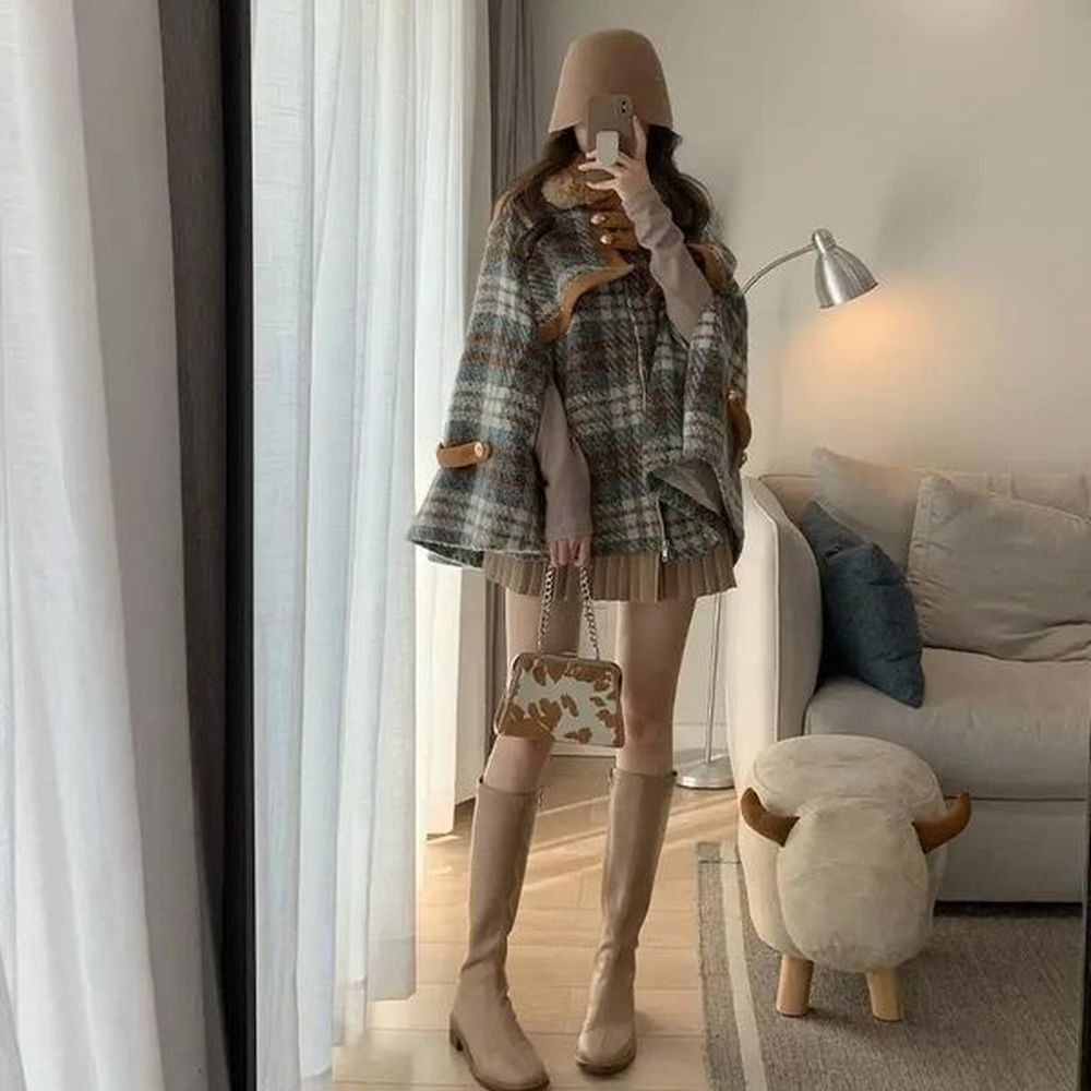 retro winter woman plaids cloak coat faux rabbit fur lapel