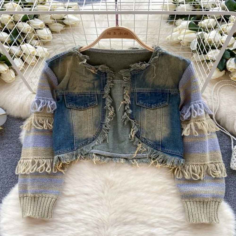 retro women blue patchwork denim cardigan knitted sweater autumn winter