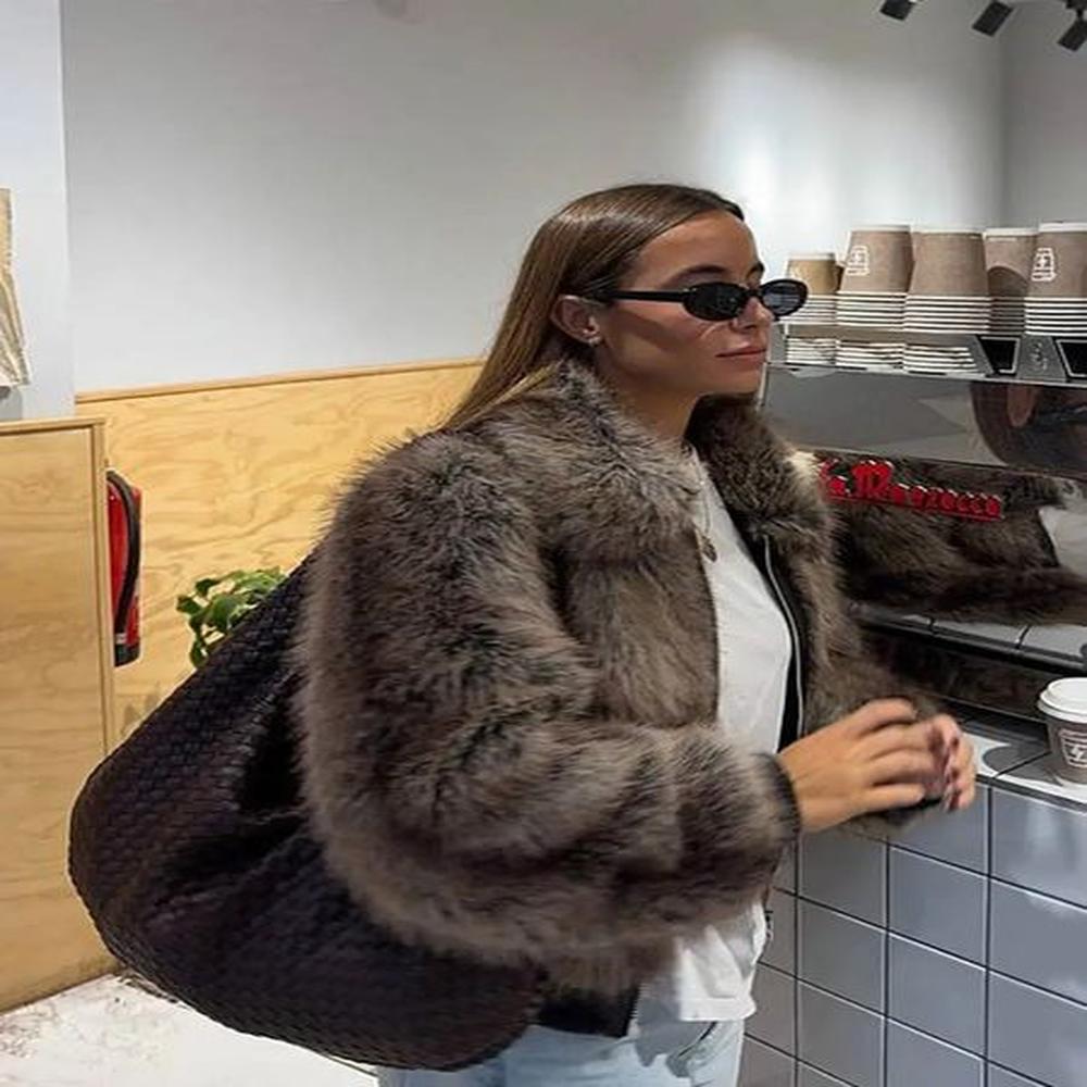 retro zipper faux fox fur short coats women casual loose