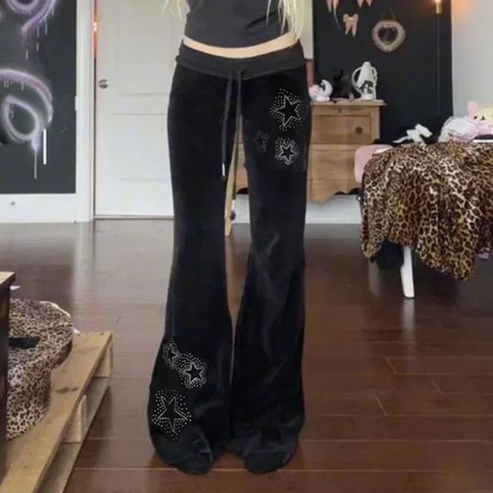 rhinestones star velvet flared pants yk aesthetic high waist baggy