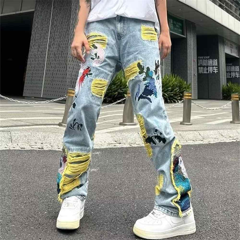 Ropa Grunge Y2K Streetwear Baggy Stacked Ripped Jeans Pants Men Clothing Graphic Embroidery Hip Hop Denim Trousers Pantalon 240821