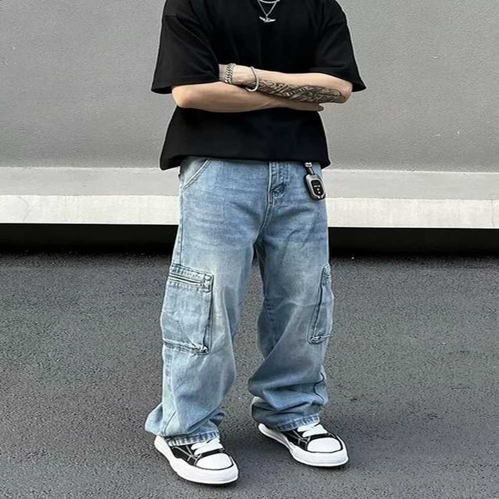 Ropa Y2K Fashion Multi Pockets Washed Blue Baggy Jeans Cargo Pants For Men 90S Vintage Clothes Straight Denim Trousers 240814