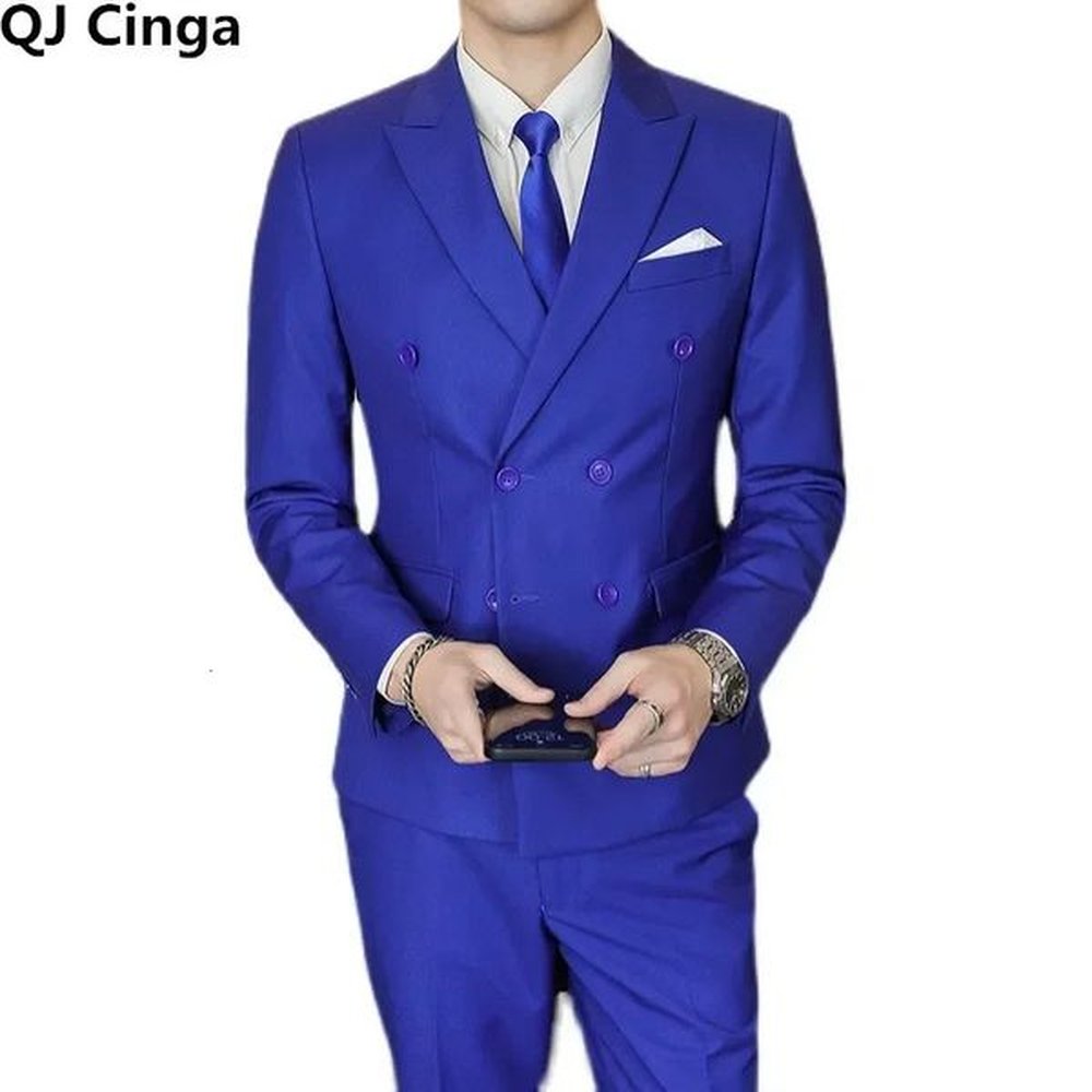 Royal Blue Double Breasted Men Suit 3 Piece BusinessWedding Dress Coat Pants Vest Plus Size Blazer Sets White black 241225